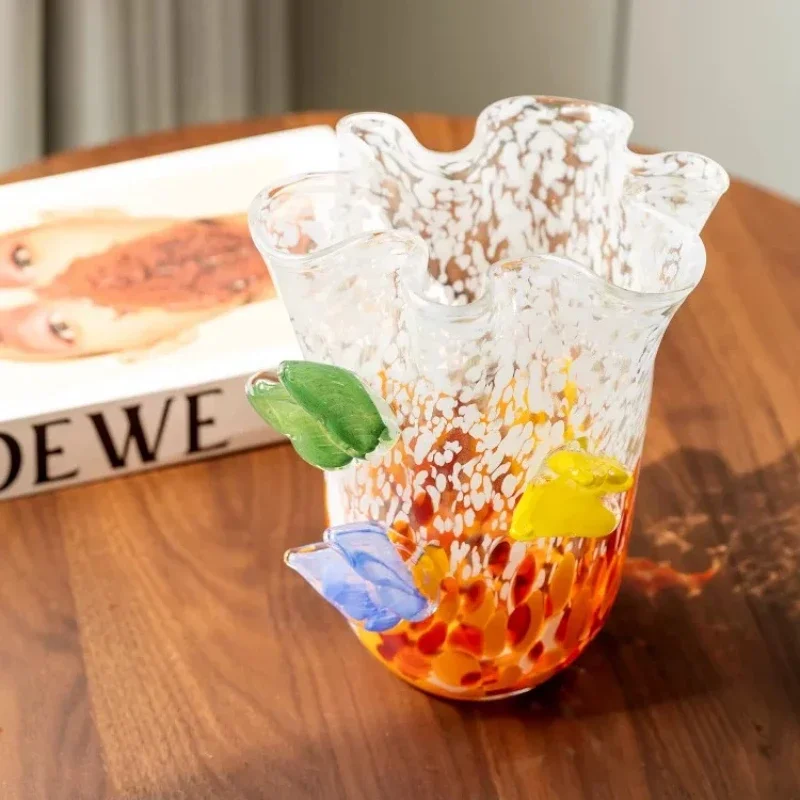 1PC Creative Art Butterfly Colored Gradient Irregular Glass Vase Glazed Ornament for Living Room Home Flower Arrangement Decor