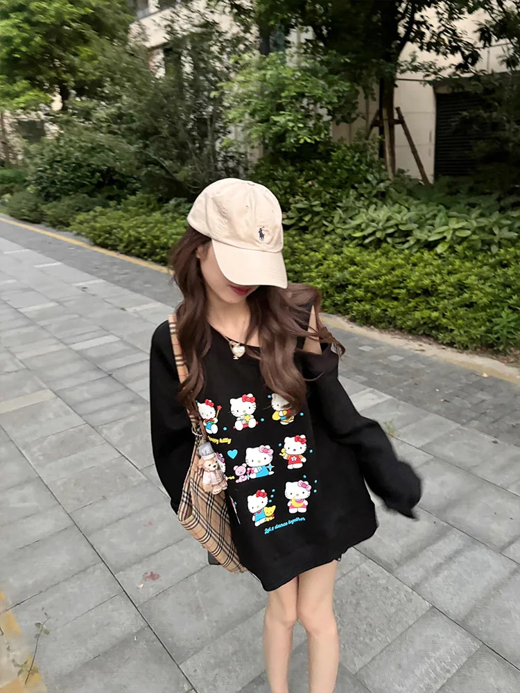 Bla dentelle oulder sweat à capuche femmes printemps automne mince dessin animé Kit imprimé haut ample confortable décontracté Streetwear sweat-shirt