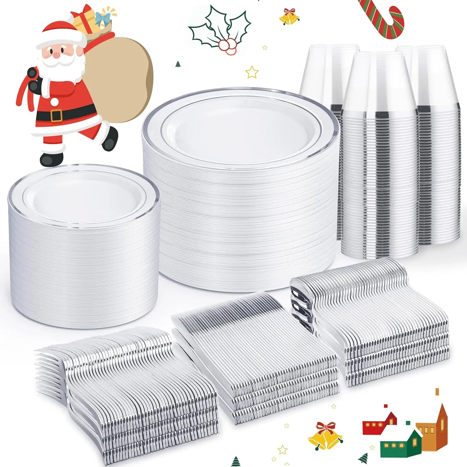 

600-Piece Silver Disposable Dinnerware Set for 100 Guests - Elegant Plates, Cups & Utensils for Weddings & Parties