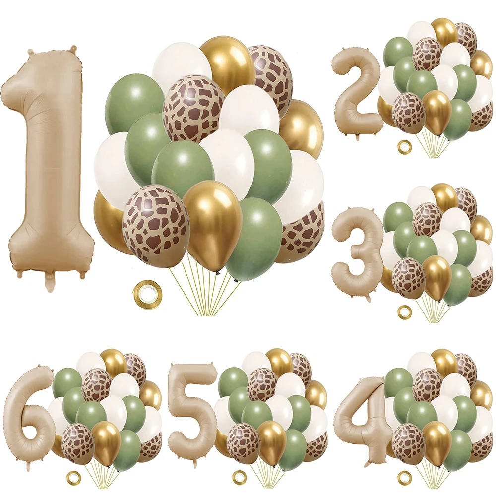 20pcs Jungle Animal Theme Party Sage Green Balloon Caramel Number 0-9 Foil Balloons Happy Birthday Party Baby Shower Decoration