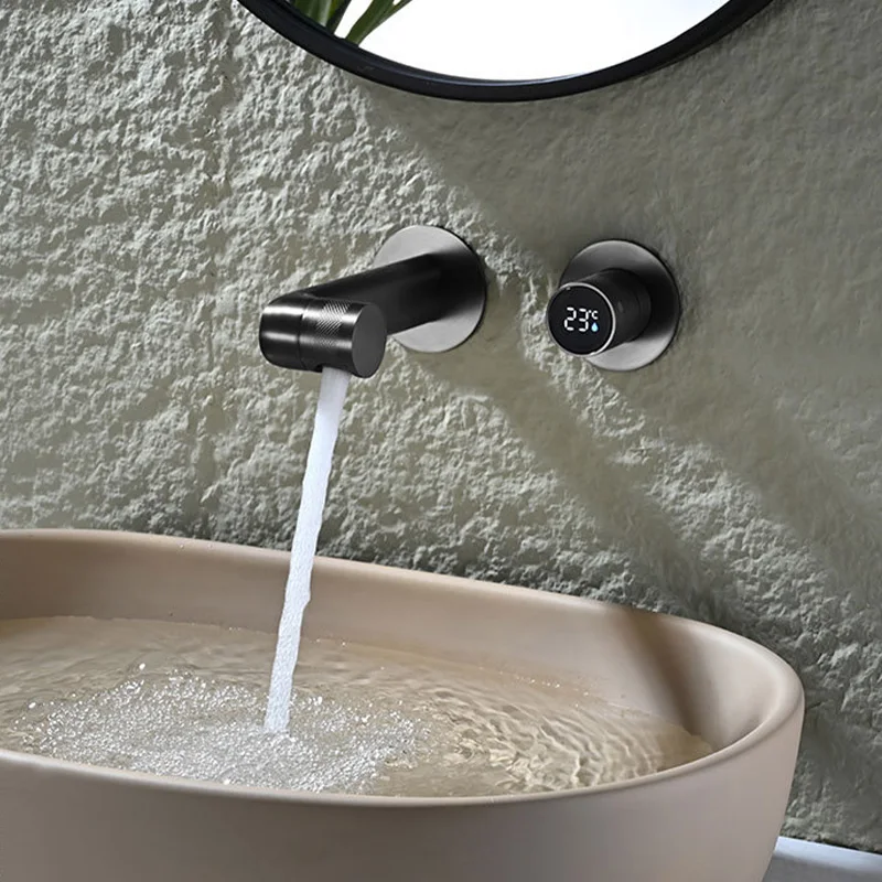 Wall Mounted Bathroom Vanity Sink Faucet Single Handle Rotatable Basin Sink Faucet One Hole Cold and Hot Mixer Taps Gray