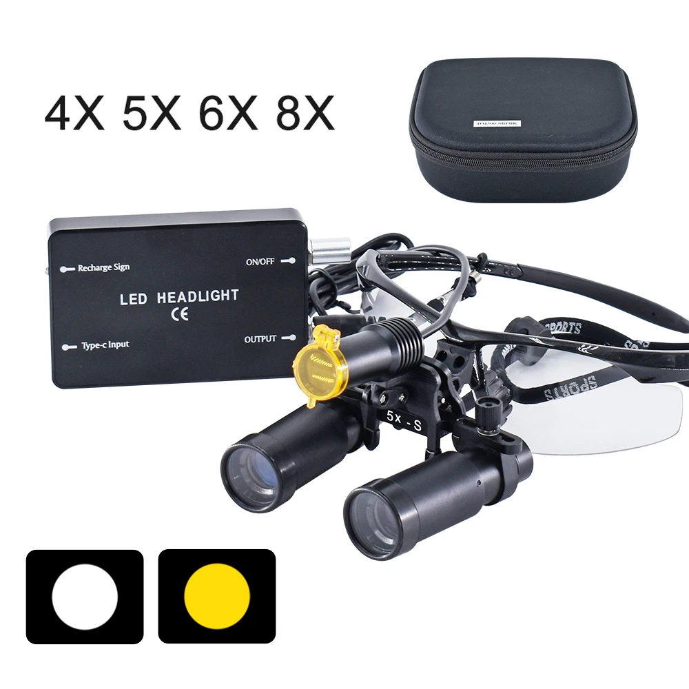 4X 5X 6X 8X High Magnification Binocular den tal Loupes with Protection Glasses den tal Magnifier 5W den tal Headlights
