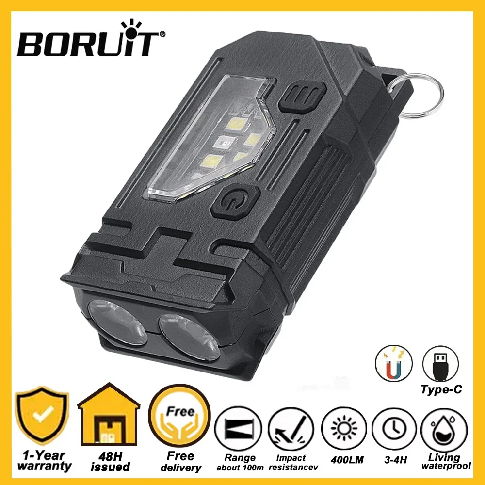 

BORUiT Keychain EDC LED Flashlight 400LM USB C Rechargeable Torch Magnetic Work Light Camping Pocket Lantern Built-in Battery