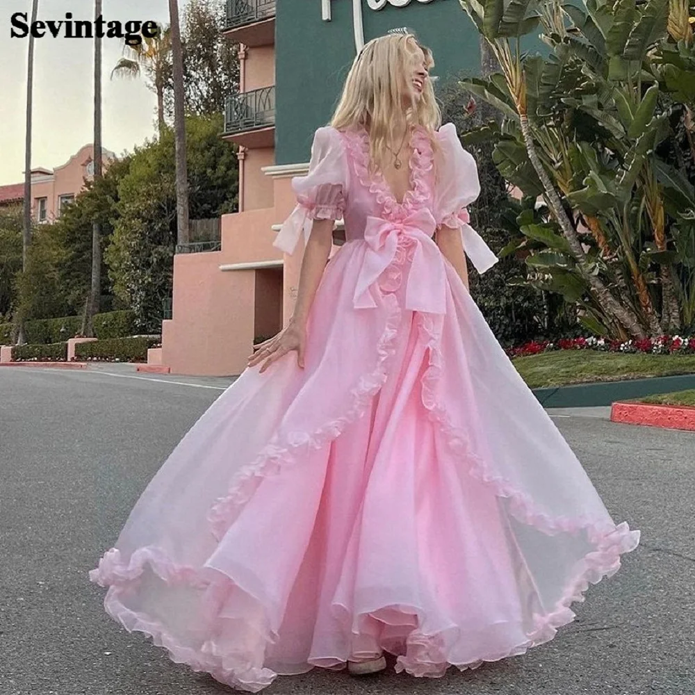 

Sevintage Beach Pink Organza Women Prom Dresses Short Puff Sleeves Ruffles Sexy V-Neck Formal Evening Gowns Event Party Dress