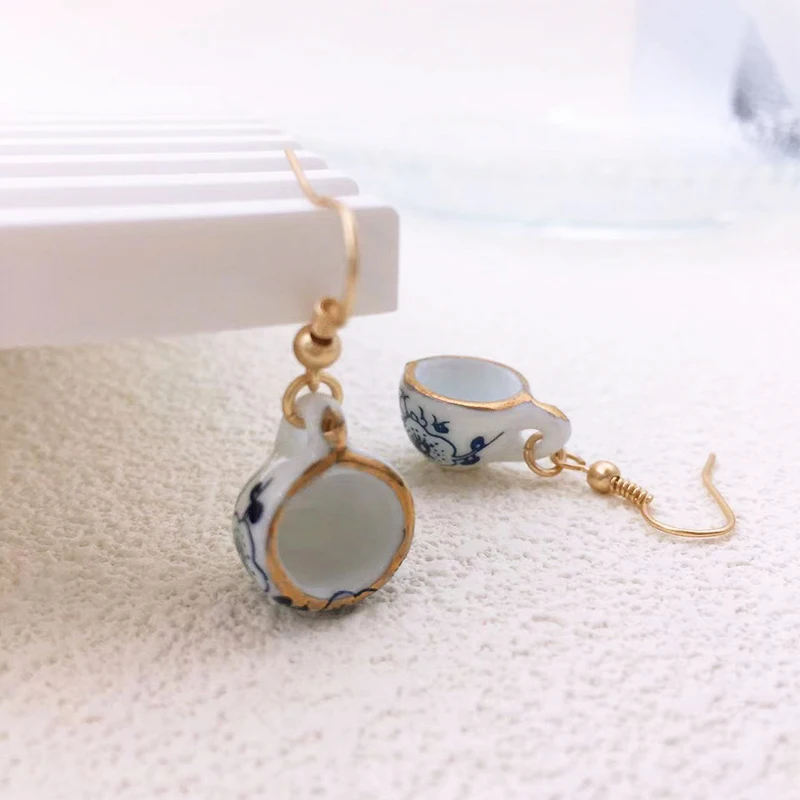 Modern Handmade Ceramic Cup Design Earrings for Women Blue White Enamel Trendy Golden Color Earrings Gift Wholesale