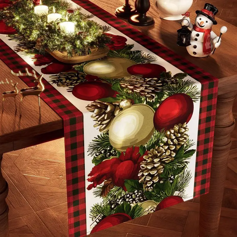 VIKAMA Christmas Table Runner Buffalo Plaid Xmas Ball Pine Cone for Dining Table Home Winter Holiday Party Table Decor