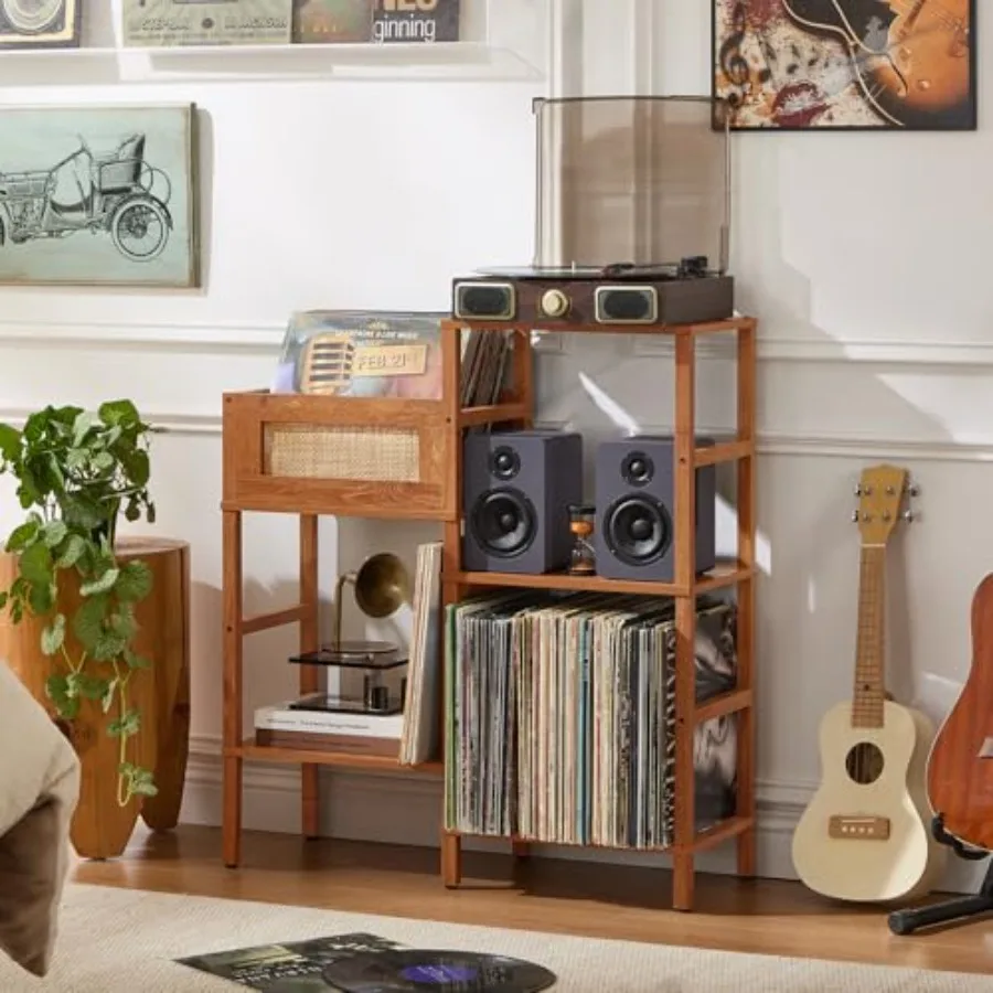 

Подставка для проигрывателя винила из коричневого дерева, держатель для пластинок с местом для хранения винила, вмещает до 300+ альбомов, 3-ярусный столик из ротанга для медиаустройств с отсеком для винила.
