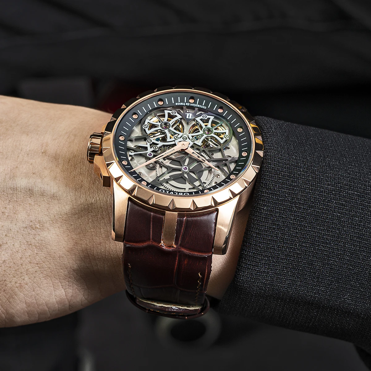 OBLVLO Men Military Skeleton Automatic Watch Mechanical Soft Calfskin Strap Sapphire Waterproof Double Flywheel Dial Clock RM-T