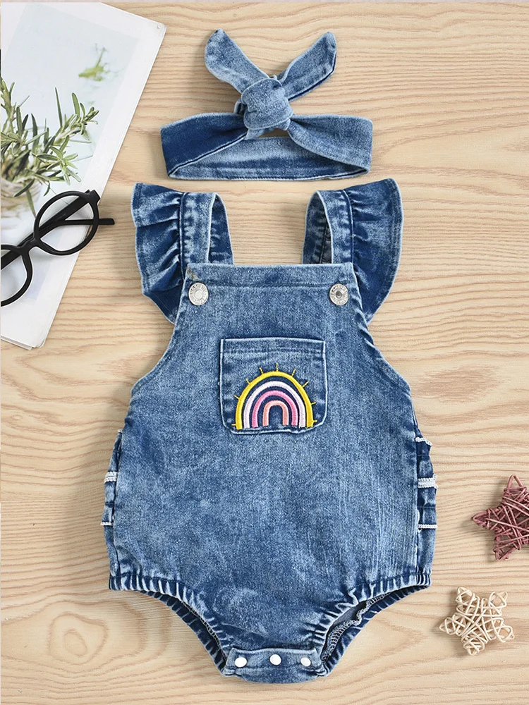 2PC Infant Boys And Girls Sleeveless Denim Fashion Retro Triangular Pajamas Casual Triangular Crawling Clothes