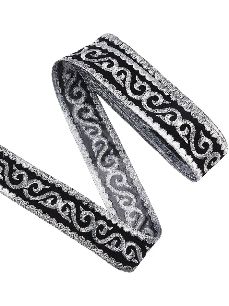 4.2 Yards Jacquard Ribbon, 1-7/8 Inch Hot Adhesive Floral Trim Black Silver Embroideried Lace Trim Woven Ribbon Fabric Trim