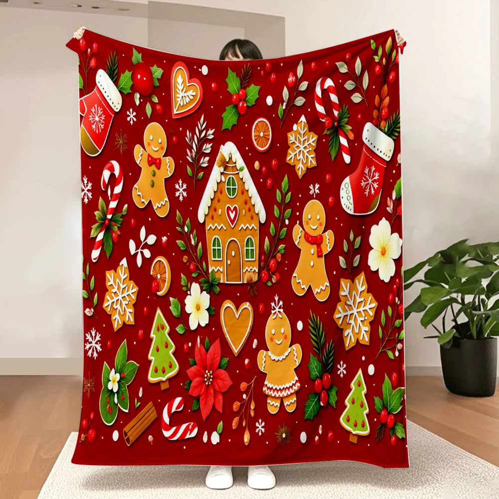 1PC Christmas Gingerbread Man and House Print Blanket-made of soft and cozy flannel, perfect for a sofa or bed. Ideal for Christ