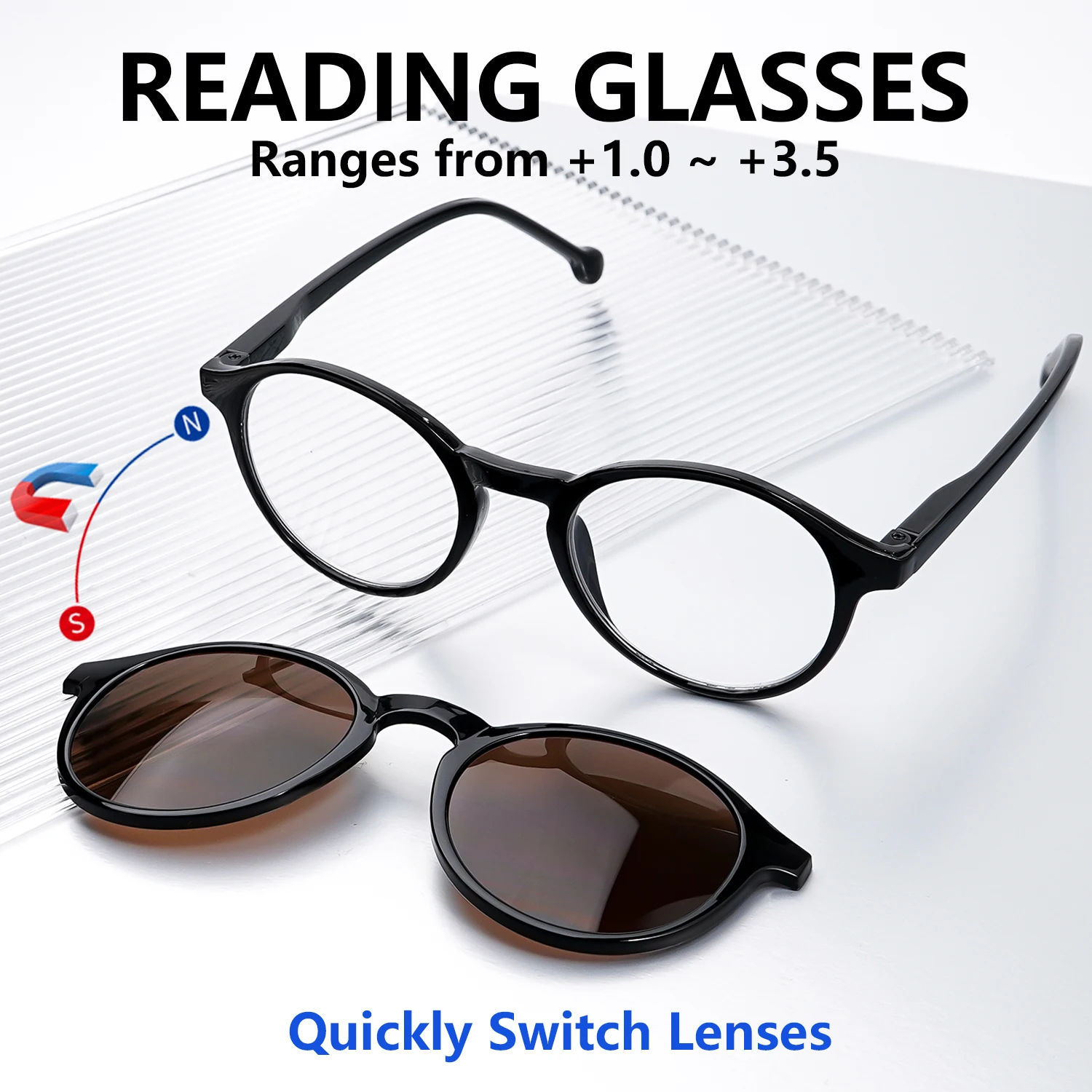 2 In 1 Magnetic Clip On Reading Glasses Retro Round Frame Readers with Sun Lenses Quick Magnet Adsorption Eyeglasses +1.0~+3.5