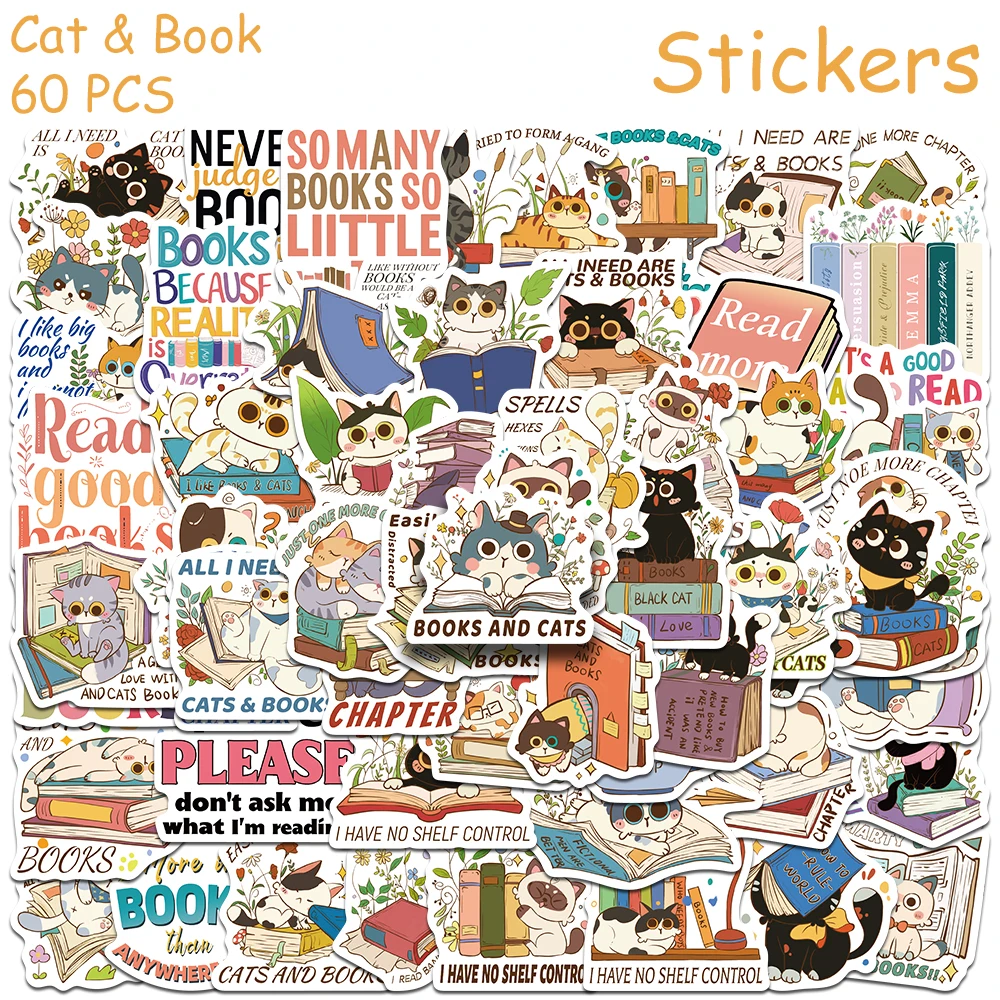 

60pcs Cartoon Cute Cats & Books Stickers Decals For Laptop Suitcase Skateboard Helmet Guitar Aesthetic Stickers Kids Toys Gifts