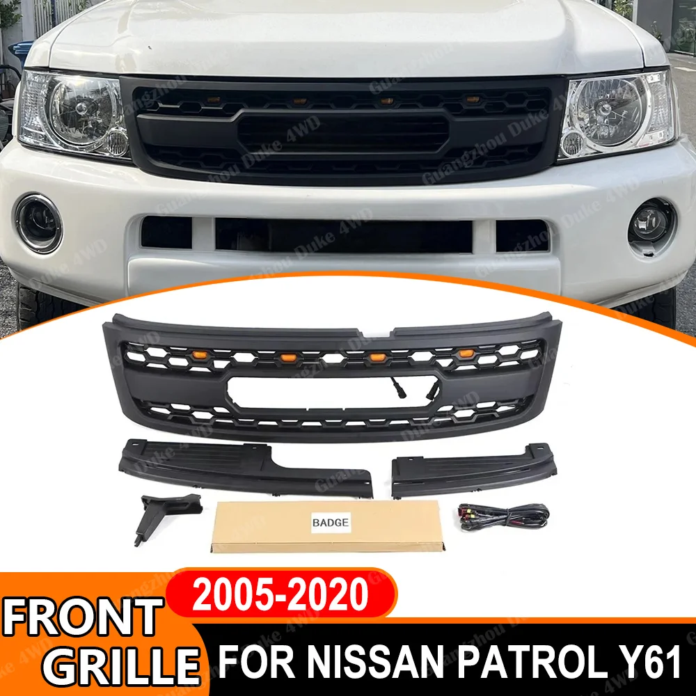 Car Front Grill Grille For Nissan Patrol Y61 2005 2006-2020 LED Front Bumper Grill Racing Style Exterior Accessories