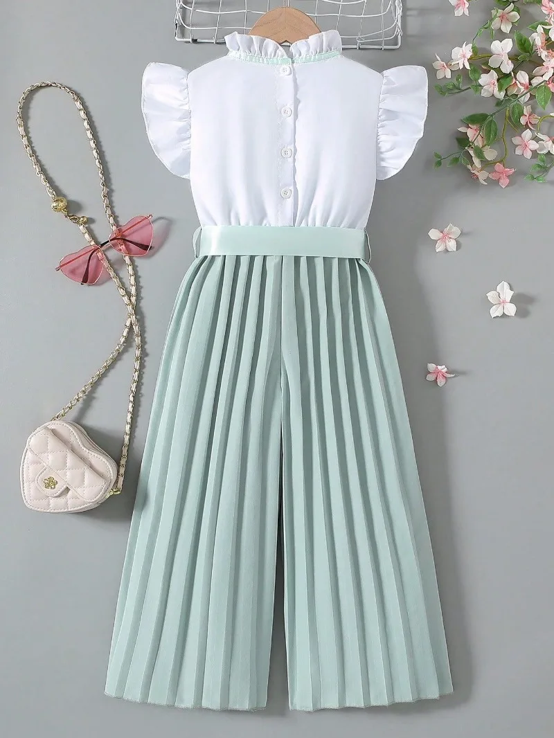 2026 European and American Style Girls' Flutter Sleeve Peter Pan Collar Top with Pleated Wide-Leg Pants and Belt (Jumpsuit)