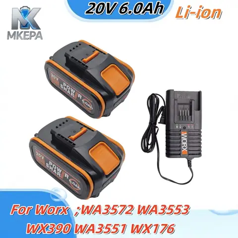 For WORX Tool - Original 20V 6.0Ah Lithium Battery WA3553 WA3551 WA3553.1 WA3572 WX390, Rechargeable