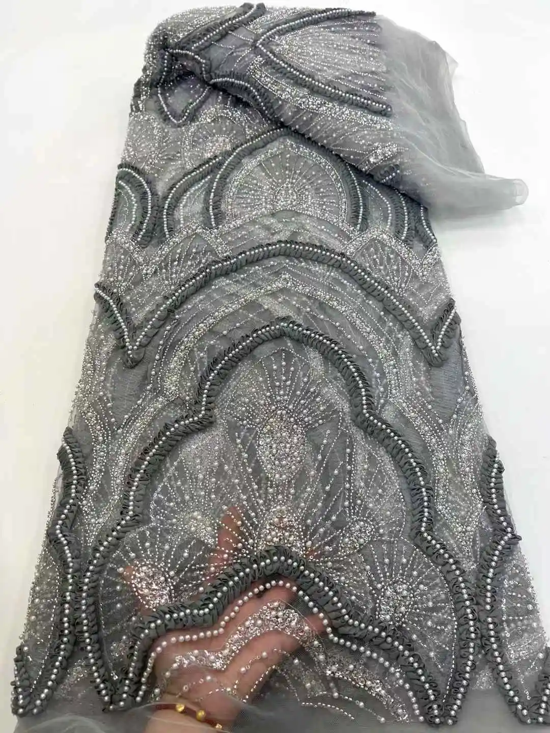 African Beaded 2025 High Quality Nigerian Sequins With Pearl Lace French Tulle Lace Fabric For Party Dress Sewing