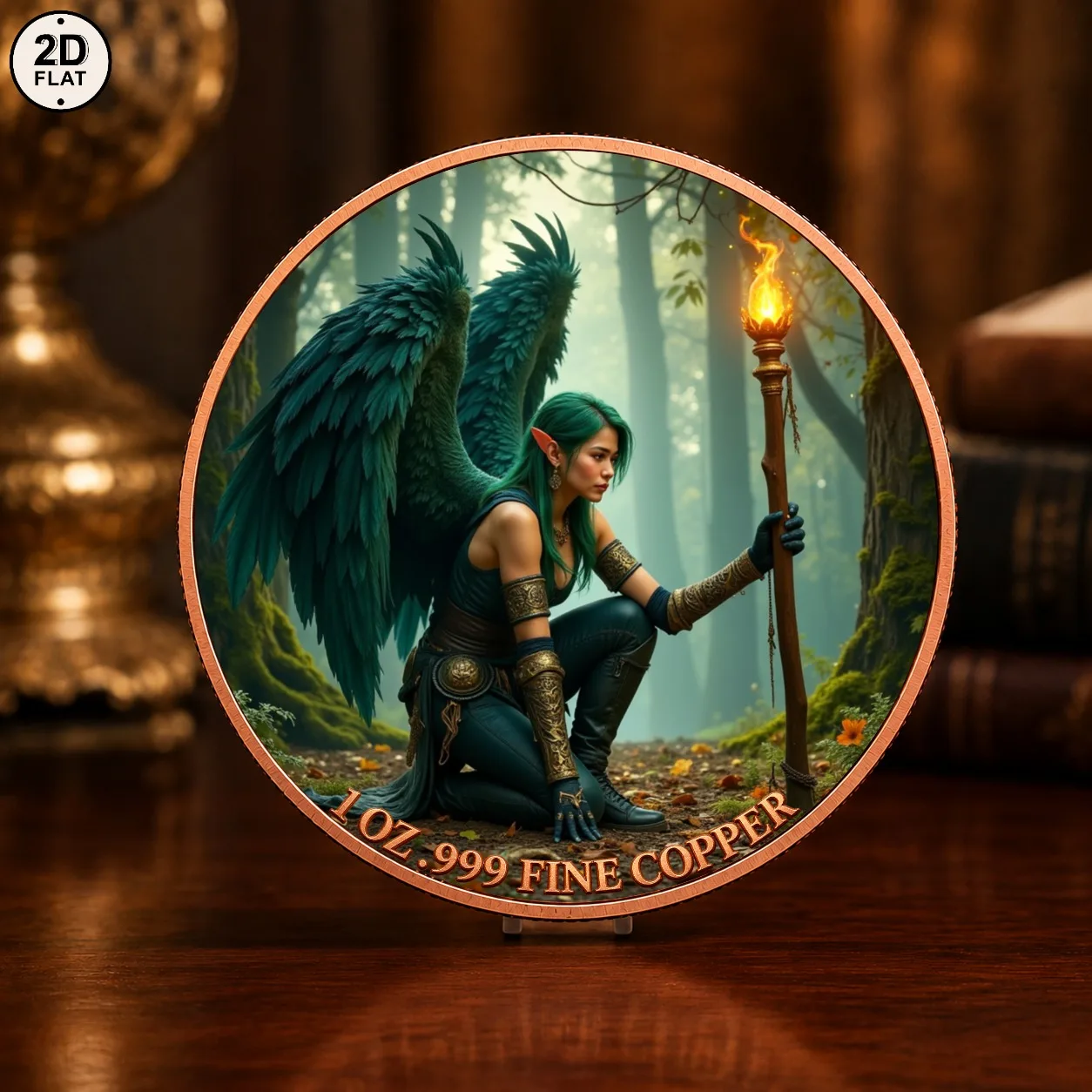 1pc 1oz .999 Fine Copper Winged Forest Elf Challenge Coin UV Printed Fantasy Elf Warrior Commemorative Medal Mythic Art Ornament