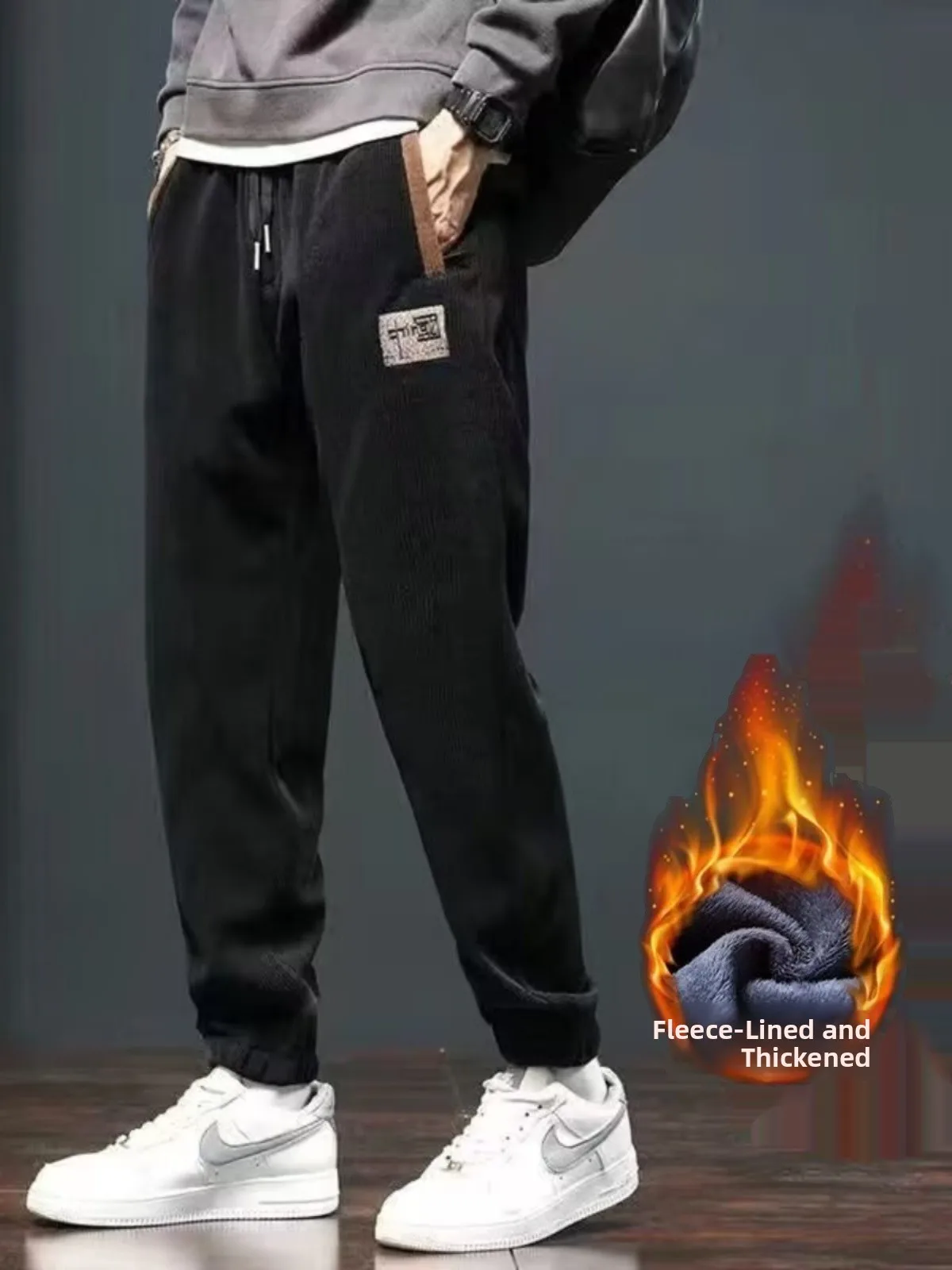 

Thiened Casual Pants for Men Autumn Winter New Sle Sweatpants All-Match Fce-Lined Loose Straight Legged Long Pants