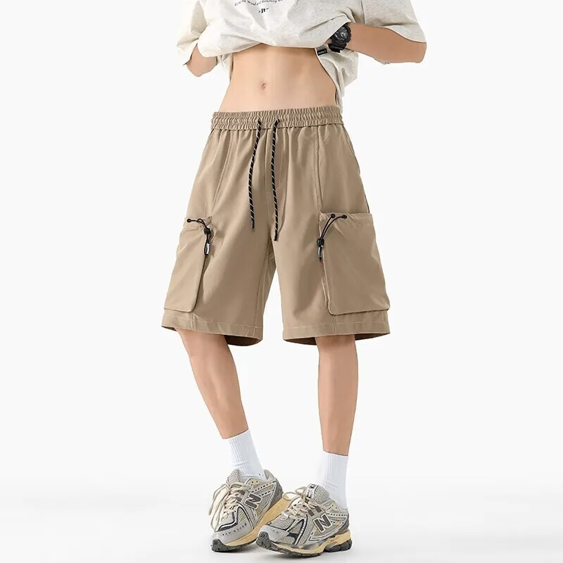 Summer Shorts For Men Retro Pocket Shorts Men Japanese Streetwear Hip-hop Loose Ice Silk Shorts Man Cargo Shorts Plus Size 4XL