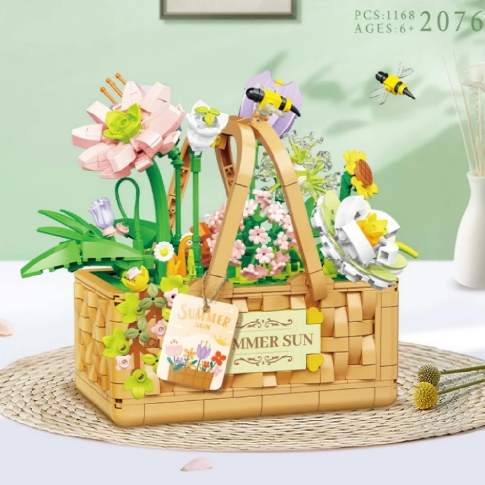 

KNEW BUILT Summer Sunshine Flower Basket Building Blocks Bouquet Assembly Toy Creative Desktop Decoration Children Holiday Gift