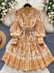 Long Sleeve Floral Short Dresses Shirt Women 2025 Summer Holiday Single Breasted A Line Pleated Elegant Party Vestidos