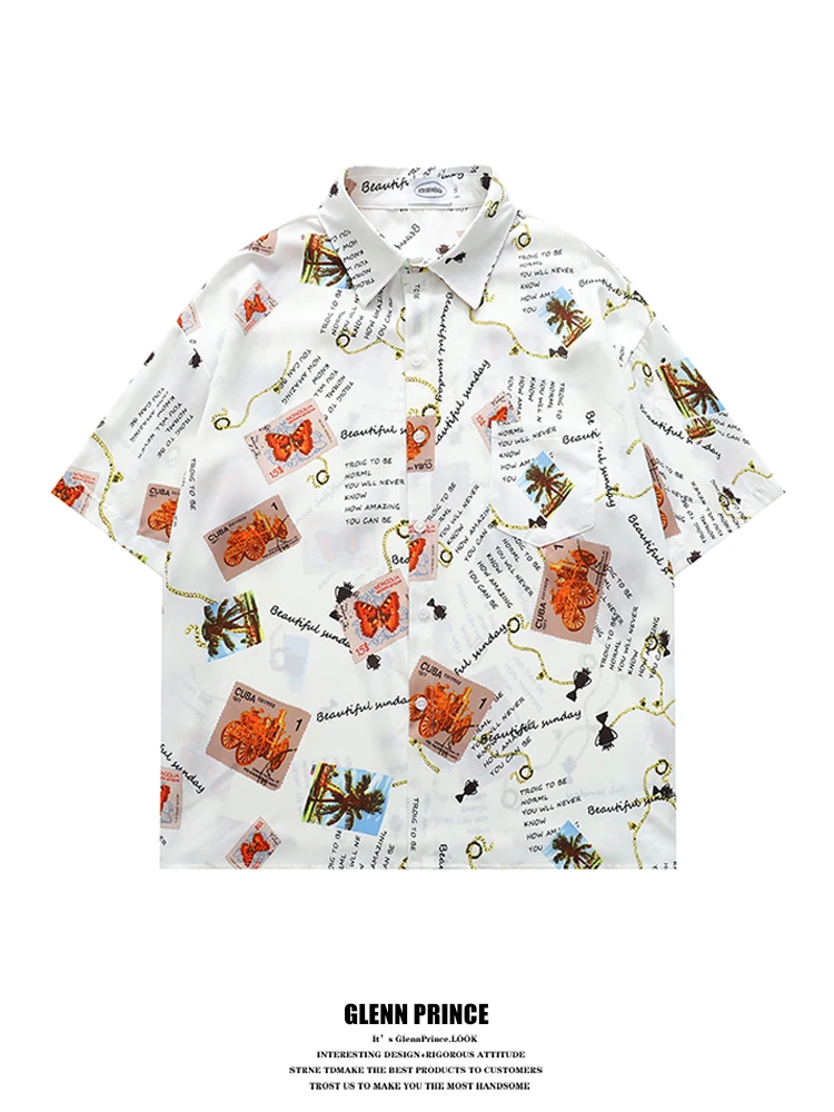 

GPstudio Мужская летняя рубашка с коротким рукавом, японский креативный принт, из ледяного шелка с цветочным узором, полиэстер