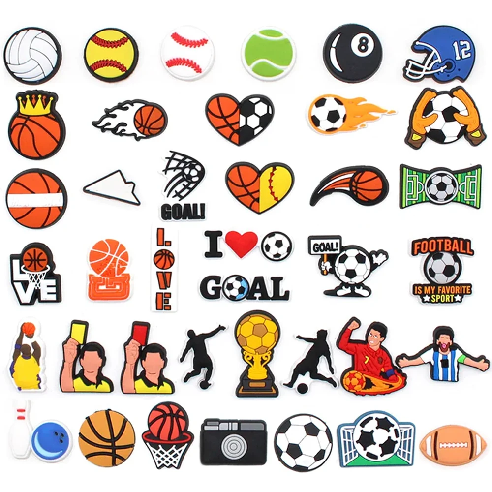 Hot 1pcs Ball Sports Style Shoe Charms DIY Game Console PVC Football Sandals Fit Accessories Decorate kids Adult boy Party Gifts