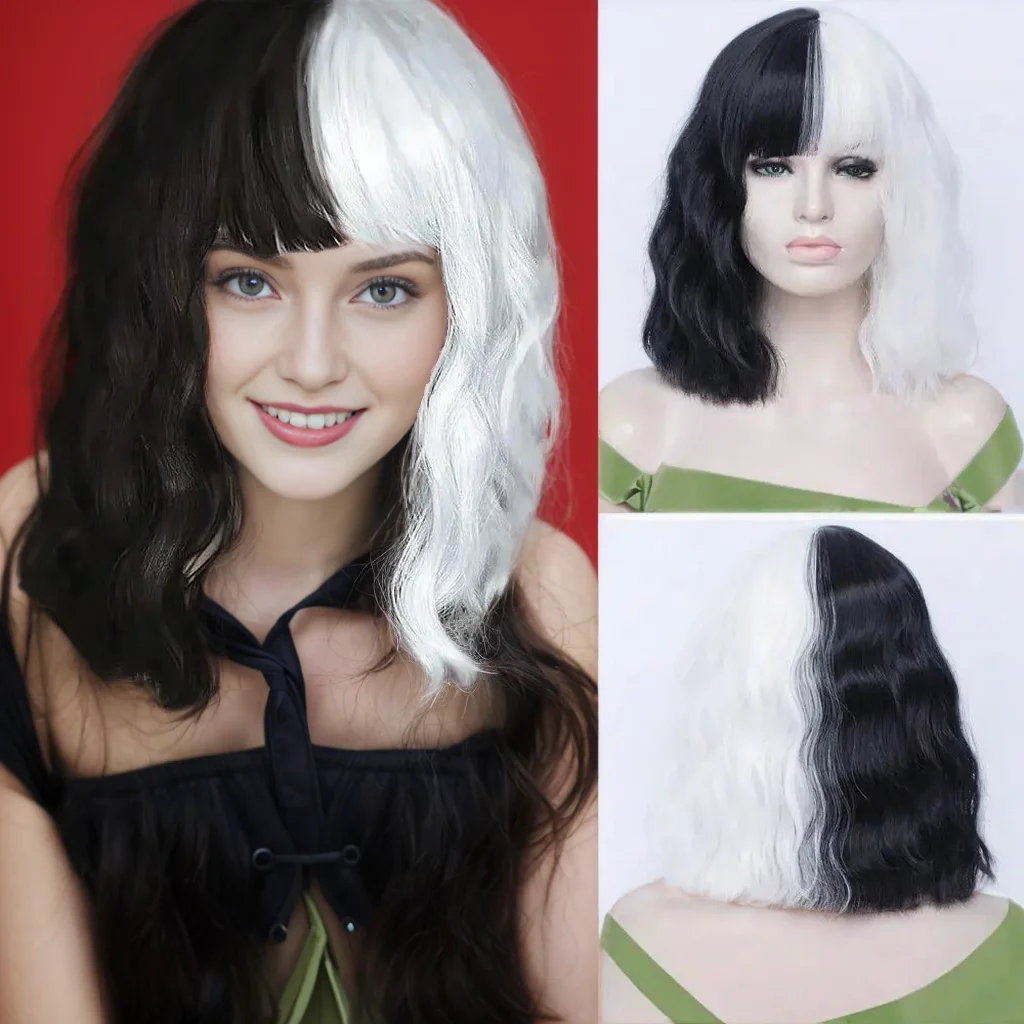 

Synthetic Short Wavy Half White Half Black Wigs With Bangs For Women Cosplay Lolita Anime Heat Resistant Fake Hair