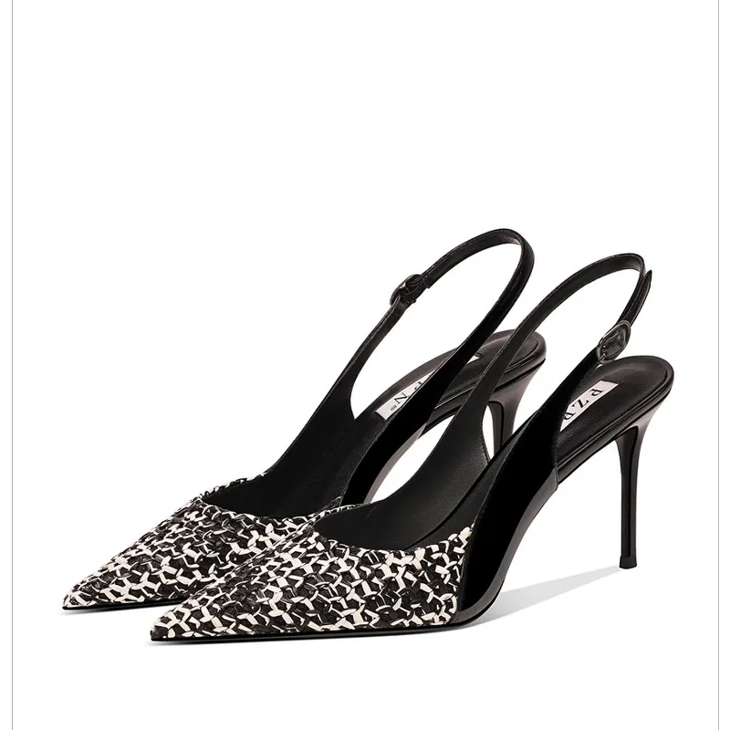 

2025 New Black Woven Stiletto Heels Pointed Toe Backless Sandals Women Fashion