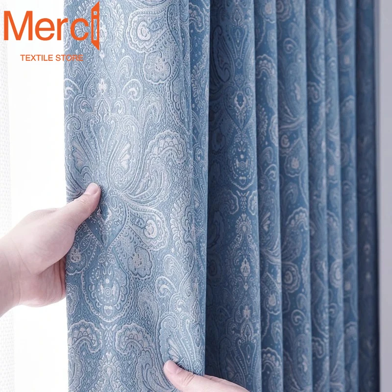 Light Luxury Curtains for Living Room Bedroom Custom Blue 3D Jacquard Blackout curtains for bedroom Nordic Drapes Decor custom