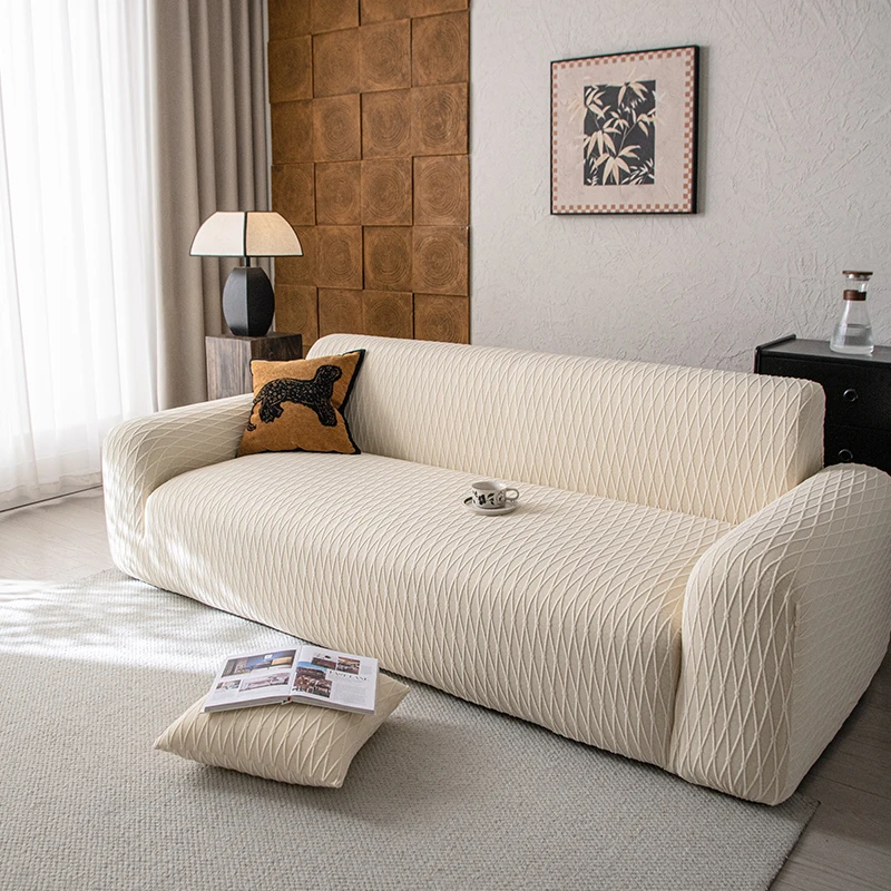 1PC Rhombus Jacquard Stretch Sofa Slipcover Full Wrap Couch Cover Anti‑Cat Scratch Furniture Protector Removable Washable