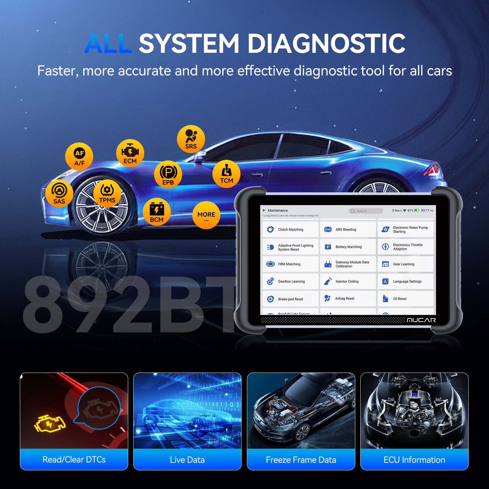 MUCAR 892BT Auto OBD2 Scanner CANFD DOIP Sistema completo Attuatore Test 35 Reset IMMO DPF OIL Strumento diagnostico per auto gratuito a vita