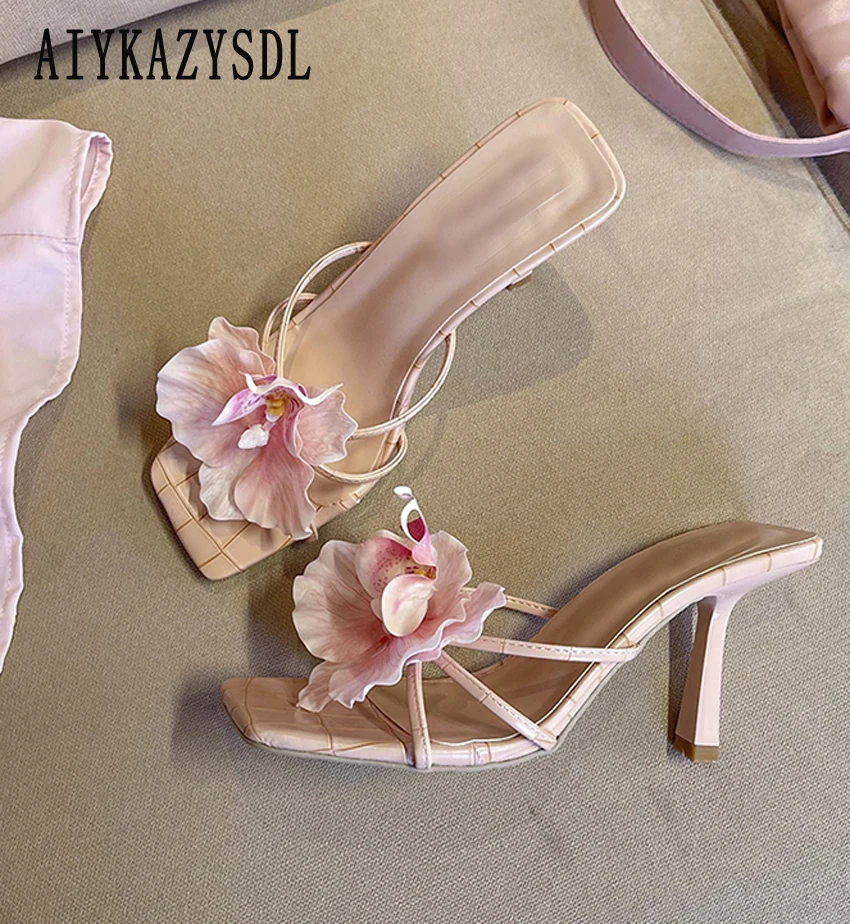 

AIYKAZYSDL 2025 Flower Floral Sandals Slides Mules Strappy Heel Summer Shoes Open Toe Pumps Fashion Slippers Women Pink White