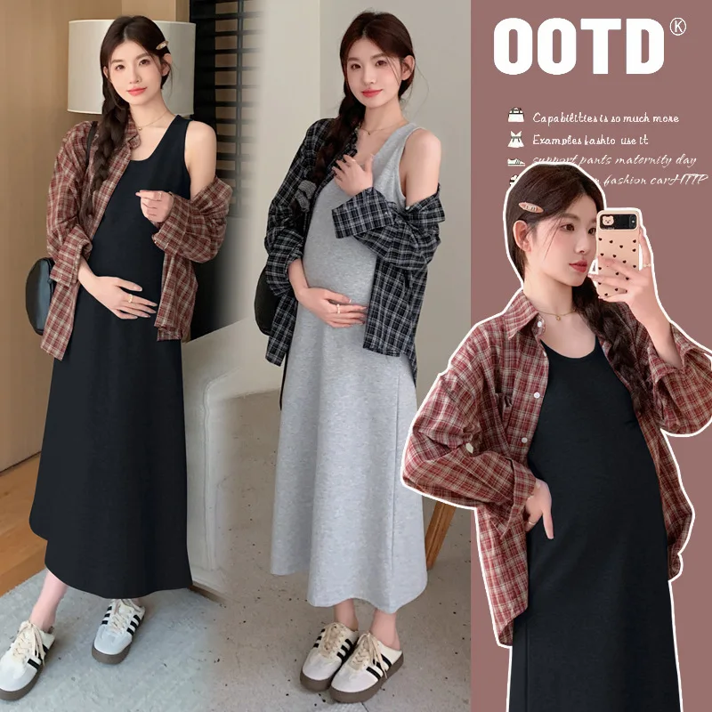

2025 Vibrant and Trendy Pregnancy Dress Set Autumn Premium Shirt Long Pinafore Two Piece Outfit Chic Maternity Wear