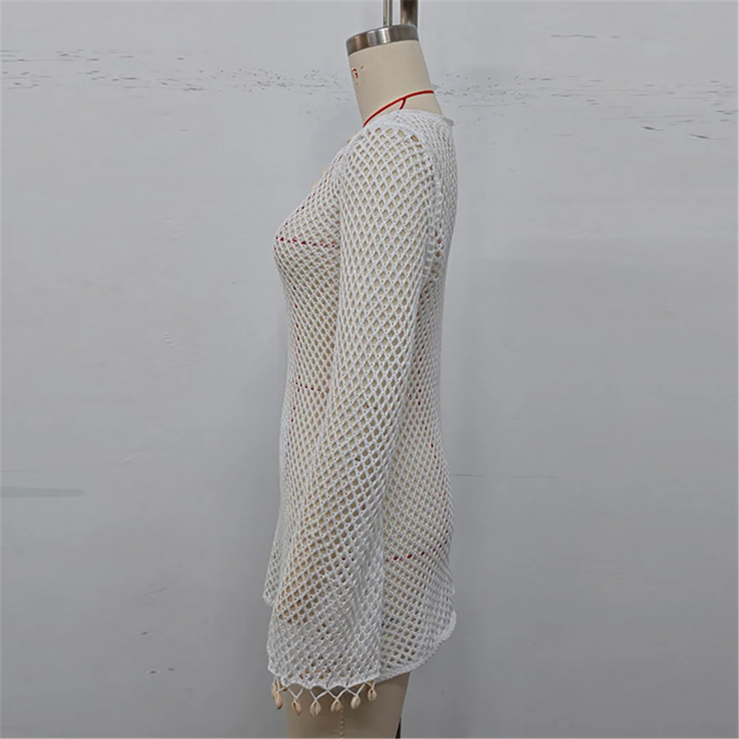 Gekräuseltes, langärmliges, ausgehöhltes, gehäkeltes, gestricktes Strandkleid, Strandmode, Strandbekleidung, Strand-Cover-up, Damen V7145 – Detail 11
