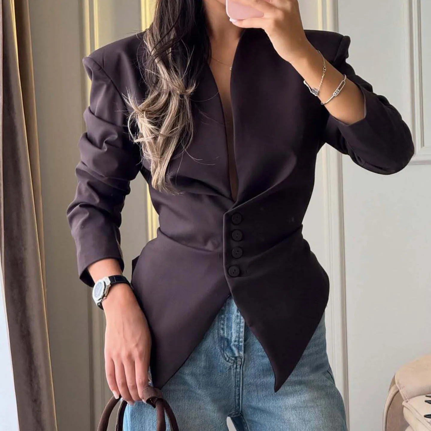 B 2026 Women Irregular Hem Blazer V‑Neck Single‑Breasted Button Slim Waist Long Sleeve Suit Jacket Elegant Office Lady Outerwear