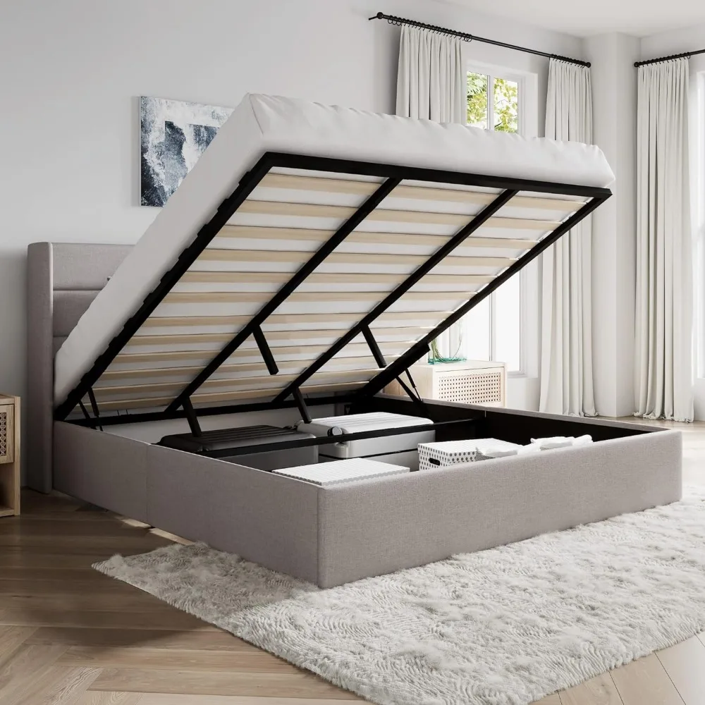 King Size Lift Up Storage Bed/Modern Wingback Headboard/Upholstered Platform Bed Frame/Hydraulic Storage/No Box Spring