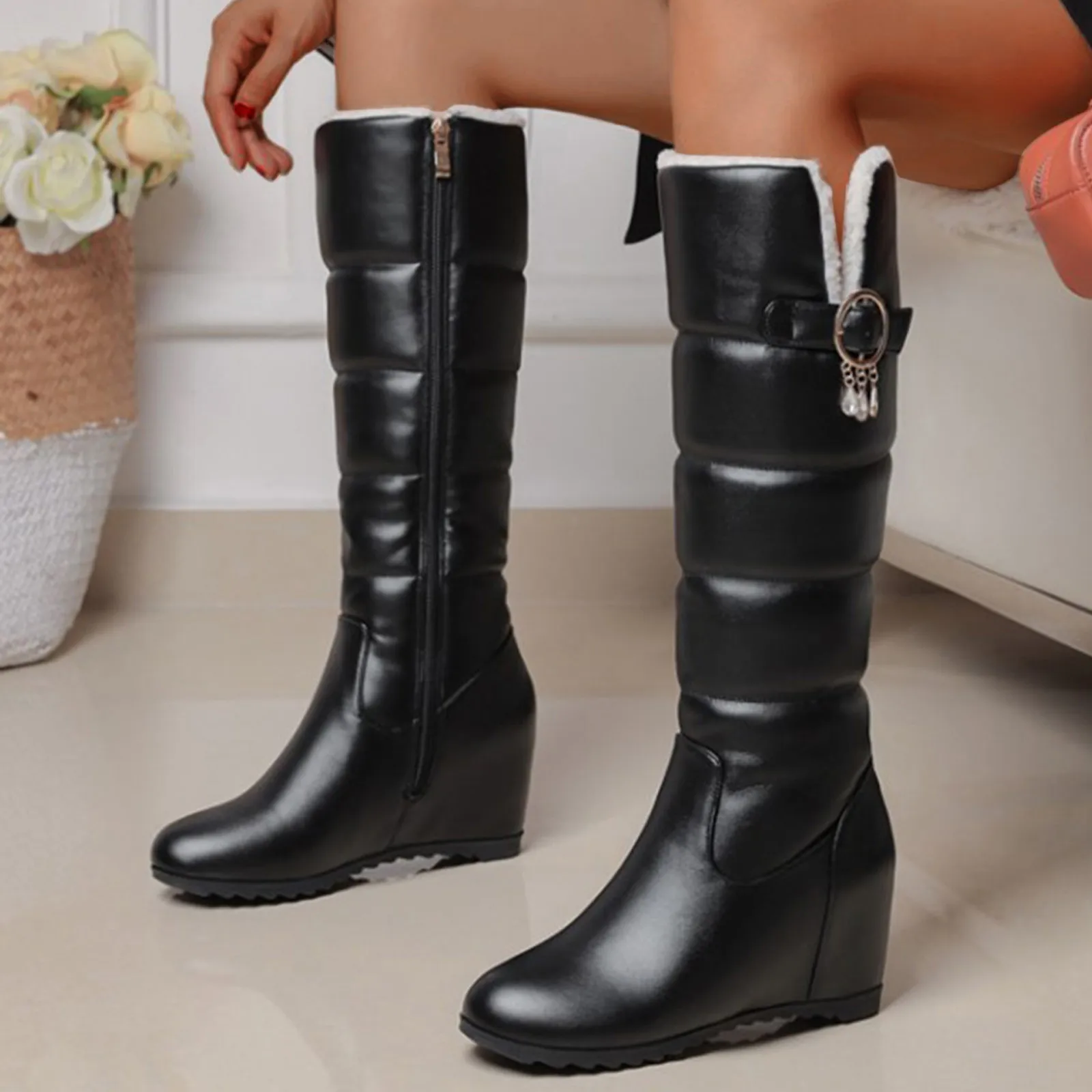 2023 Women Winter Warm Knee High Boots Platform Height Increasing Ladies Snow Boots PU Leather Side Zipper Round Toe Women Boots