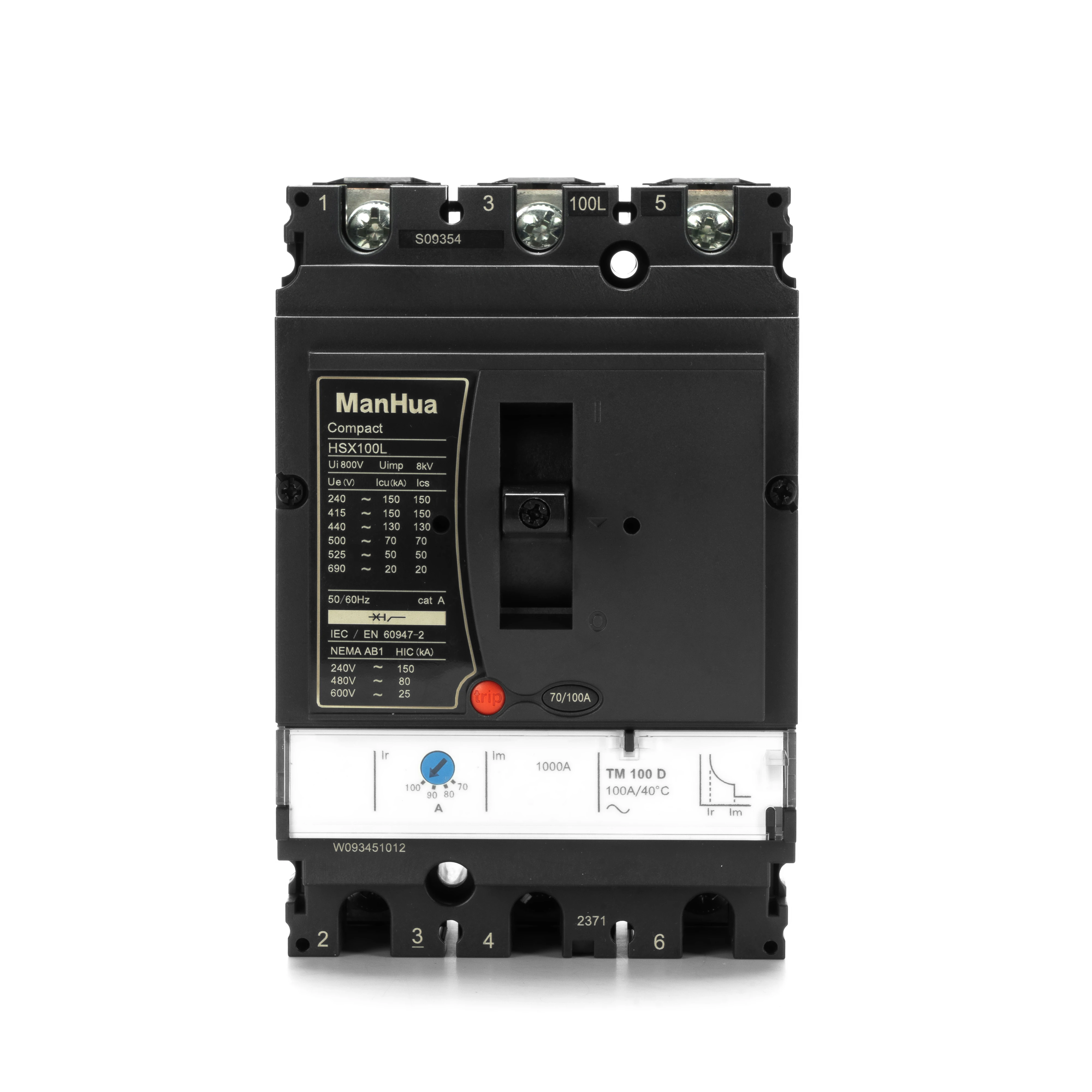 HSX-100L 100A 3P Triple Phase Motor Protection Switch 150KA MCCB AC440V High Breaking Adjustable Moulded Case Circuit Breaker