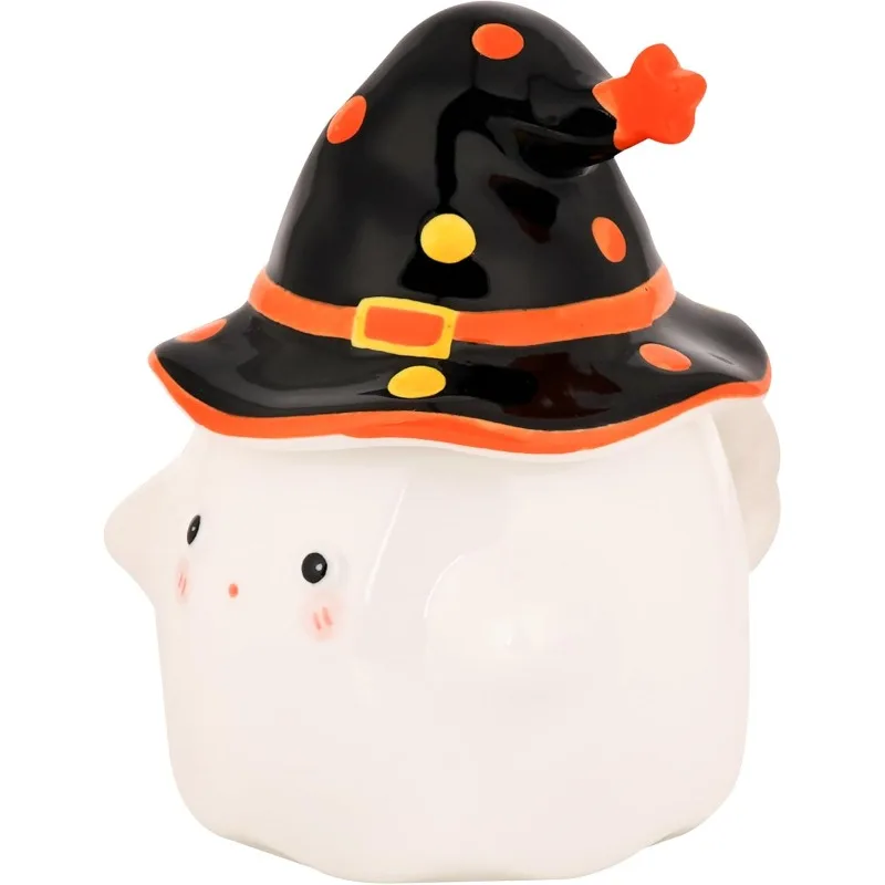 

Cute Ghost Ceramic Coffee Cup with Witch Hat Lid - Spooky Halloween Tea Cup, Milk Cup, Cereal Bowl - Unique Home Decor