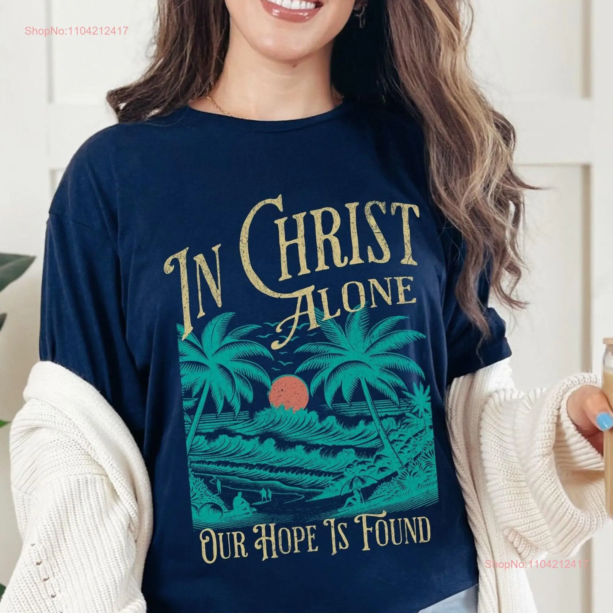 Boho Christian Beach T Shirt Sunset Wave for Woman Trendy Retro Distressed Scripture Her long or short sleeves