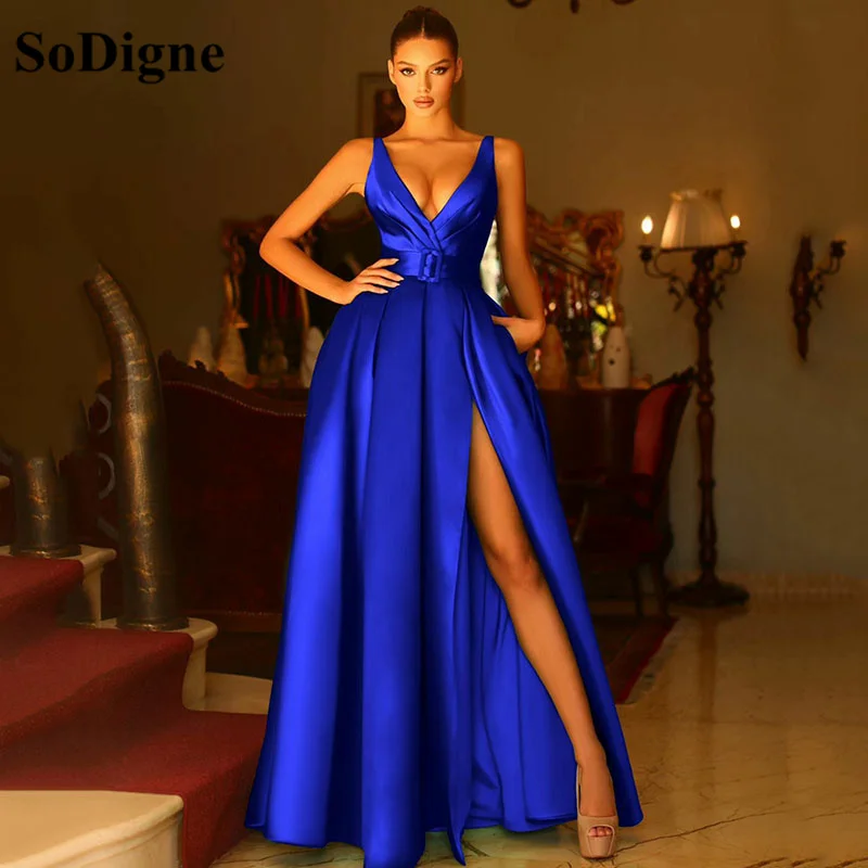 

SoDigne Blue Shiny Satin Evening Dresses For Women Party A Line Formal Occasion Dress With Pockets Sleeveless Simple Party Gowns