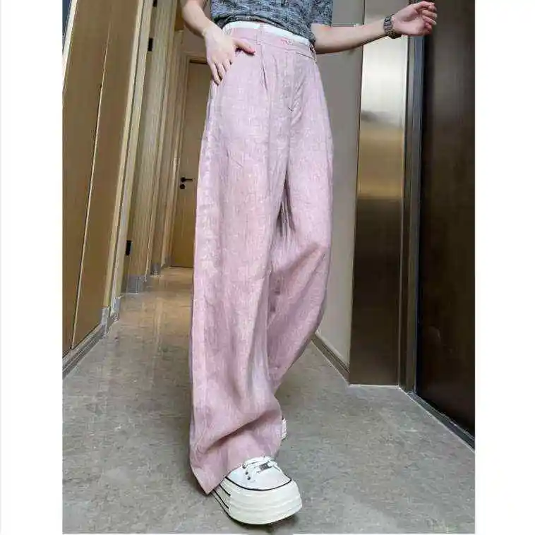 Różowe lniane spodnie z szerokimi nogawkami damskie letnie codzienne rozszerzane spodnie z niskim stanem zapinane na zamek błyskawiczny mieszanka bawełny haftowane detale