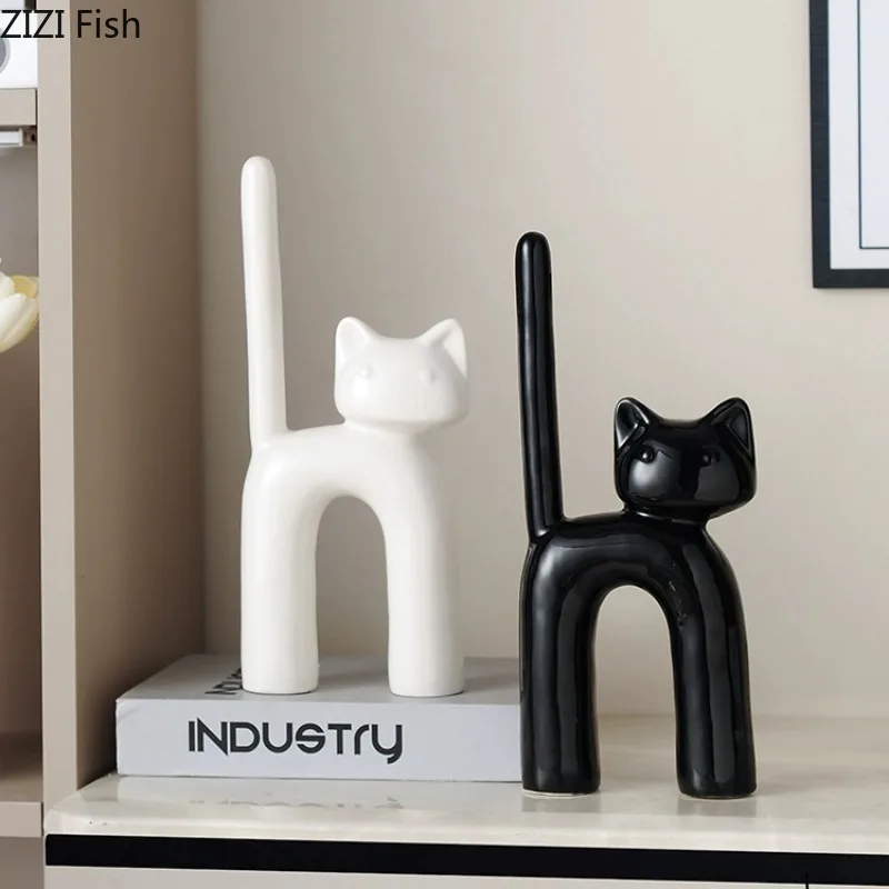 Cartoon Cat Statue Sculpture Ceramic Animal Ornaments Artistic Model Display Living Room Home Accessories Decoration Crafts