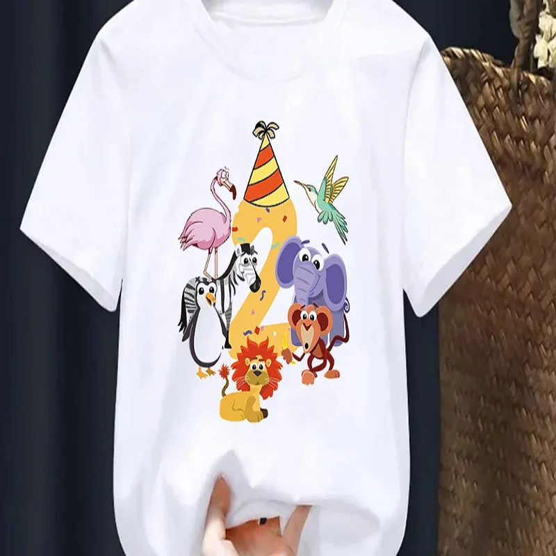 Zoo Animals Birthday Shirt Cute Boys/Girls Birthday Party Tshirt, Animals Digit Printed For Kids 1-7As Birthday Gifts Tshirt Top