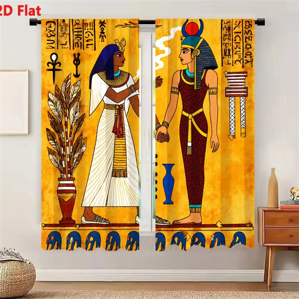 2Pcs Curtains 2D Flat Cartoonish Ancient Egyptian Art Illustration: Central Figures in Traditional Attire with Hieroglyphs & Mot
