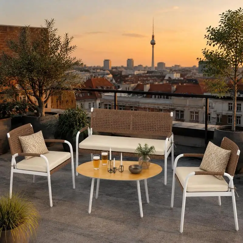 Ensemble de meubles de patio avec coussins de siège moelleux et table en verre trempé - Blanc, idéal pour les espaces de jardin, terrasse et cour, pour les moments de détente en plein air et la pause quotidienne.