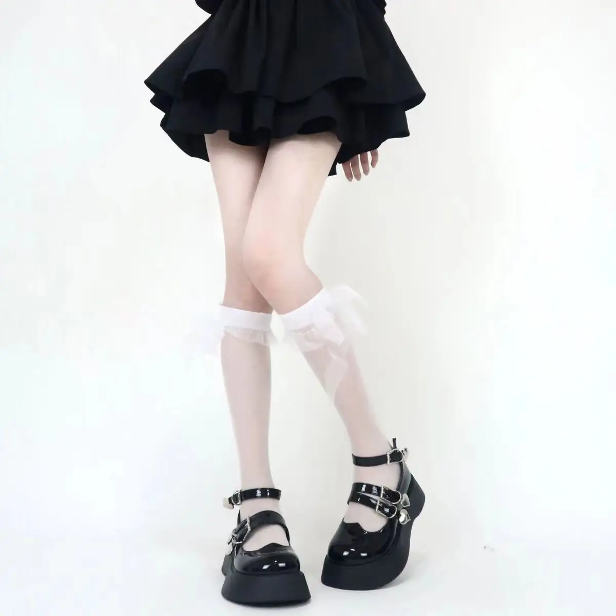 Stockings Woman Summer Thin Bowknot Lace Ribbon Black White Middle Tube Socks for Women JK Solid Color Lolita Cute Stockings