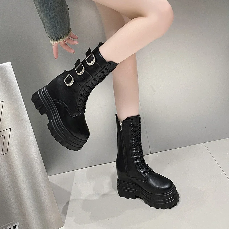 12CM Brand Ladies Goth Platform Ankle Boots Fashion Buckle Rivet Punk Wedges High Heels Womens Boots Party Street Woman Shoes